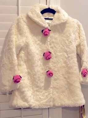 Girls Faux-Fur Coat with Pink Rose Accent Buttons